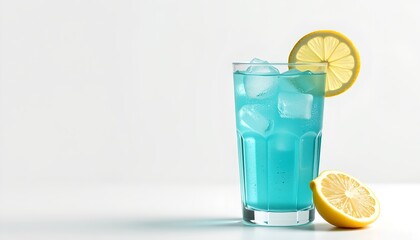 A refreshing summer drink with lemon slices and ice. The blue-colored drink is in a tall glass, and half a lemon is resting on the side
