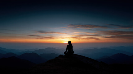 Meditating woman at dawn, finding harmony and peace in nature's beauty