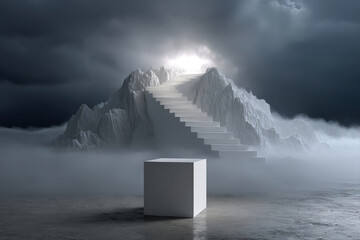 Surreal melting stairs dissolving into fog with a minimal white podium in foreground