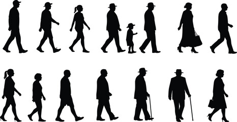 Silhouette of diverse people walking in various styles, human figures motion illustration, isolated on white background, vector art design, diversity concept