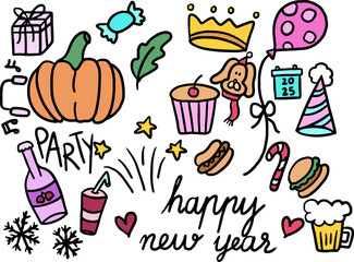 Hand drawn illustrations of pumpkin, gift box, cupcake, hotdog, burger, beer glass, candy, balloon, puppy wearing red scarf and party hat, calendar, candy cane, champagne, happy new year font, crown
