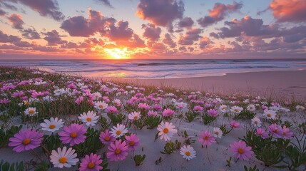 Fototapeta premium A beach scene with scattered wildflowers in the foreground, while the ocean stretches out under a sky 