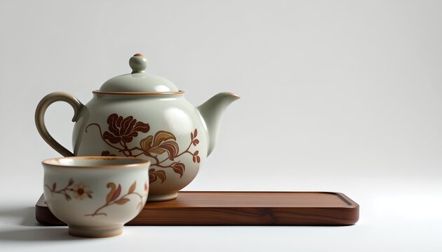 A beautiful traditional tea set with floral design resting on a wooden tray. The teapot and teacup are delicately decorated with floral patterns, evoking a sense of elegance and cultural heritage - Powered by Adobe