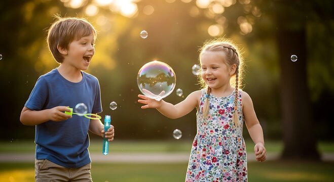 Two happy children, a boy and a girl, joyfully playing with bubbles in a sunlit park.