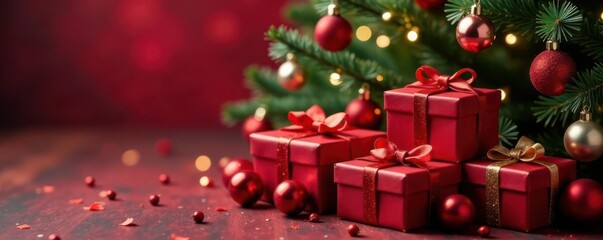 Christmas tree of red gift boxes, Christmas card, festive flatlay, copy space , holiday season, graphic, boxes