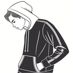 Stylized illustration of a young man wearing a dark grey hoodie with white stripes on a white background