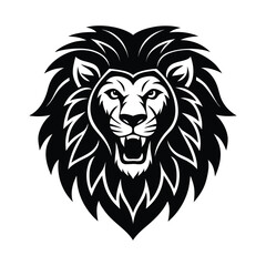 Fierce black and white lion head emblem with open mouth and intense eyes