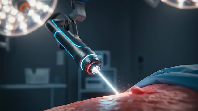 Surgical laser beams into tissue, sparks and light in sterile, futuristic operating room