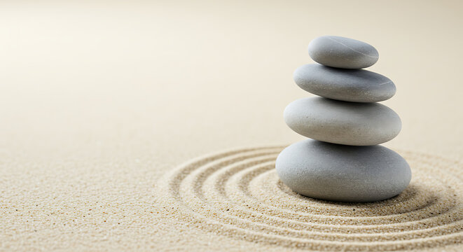 Pyramid of smooth zen stones stacked in perfect balance on raked sand. Concept of tranquility, harmony, and spiritual wellness.