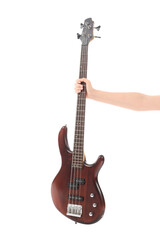 Naklejka premium Female hand with electric guitar on white background