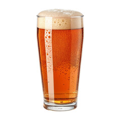A tall glass filled with golden amber beer and frothy white head isolated on transparent background