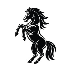 Majestic black horse rearing up proudly against a white background