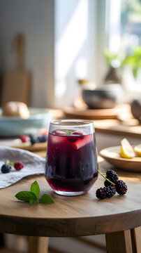 Close-up of black mulberry drink in glass with fresh berries and mint on table.
