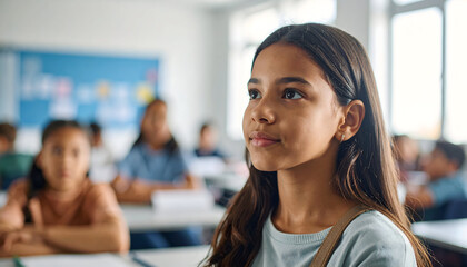 Thoughtful Young Girl Looking Up In A Bright Classroom Setting With Other Students Blurred In The Background