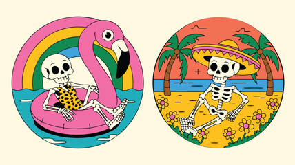 Obraz premium Skeletons Relaxing on Vacation Flamingo Pool Float and Beach with Palm Trees Illustration