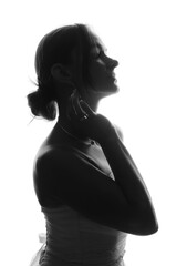 Fototapeta premium Silhouette of bride with stylish jewelry on white background