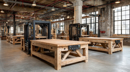 Modern robotics workshop with tables and wooden benches under bright lighting
