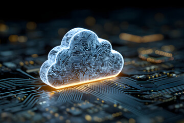 A glowing, circuit board-patterned cloud hovers over a dark, futuristic motherboard, symbolizing cloud computing and digital data.