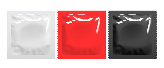 Realistic White, Red and Black Blank template Packaging Foil wet wipes Pouch Medicine Or Condom. Food Packing Coffee, Salt, Sugar, Pepper, Spices, Sweets. Template For Mock up Your Design. vector illu