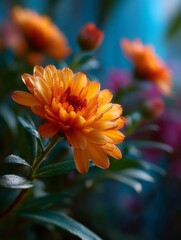 A single orange flower with green leaves in the background
