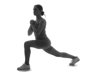 Silhouette of sporty woman training on white background