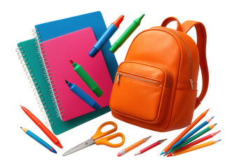 Colorful 3D school supplies including notebooks, backpack, and art tools.