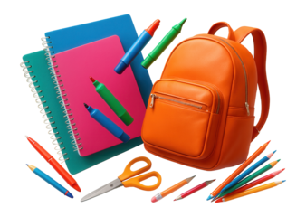 Colorful 3D school supplies including notebooks, backpack, and art tools.