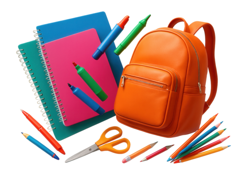 Colorful 3D school supplies including notebooks, backpack, and art tools.