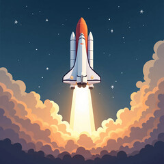 A rocket ship launches into a starry night sky, surrounded by clouds and emitting a bright light trail.