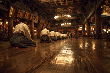 Students bowing respectfully on polished wooden floor in traditional dojo interior