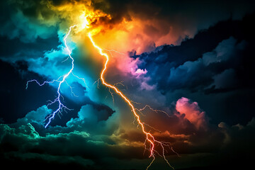 Fototapeta premium Vivid lightning strikes illuminate the stormy sky Generative AI