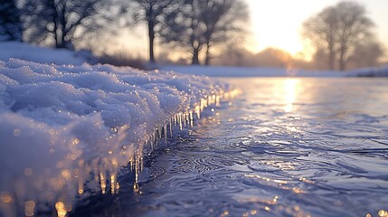 Obraz premium A close-up view of thick ice layers on a frozen lake, with delicate frost patterns. 