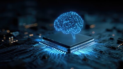 A glowing, digital brain graphic sits atop a computer chip,  set against a dark circuit board.  Blue light trails trace the chip's connections