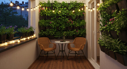 Obraz premium Balcony-turned-oasis: woven rattan chairs, string lights, and vertical gardens in a compact urban space