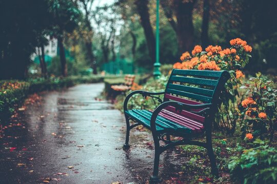Park bench in a wet autumn garden - Powered by Adobe