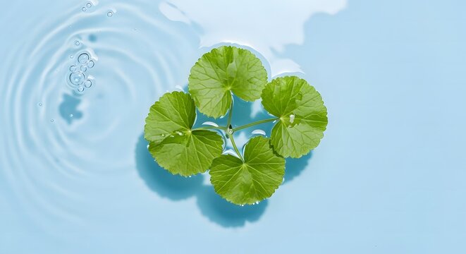 Top view of fresh Centella Asiatica leaves floating on a clear blue water surface with ripples. Natural herbal ingredient for clean beauty and skincare.