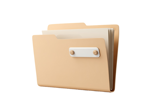 Light beige folder with documents.  3D rendered icon of a file folder, containing papers.  Simple, neutral design