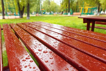Red picnic table with rain drops