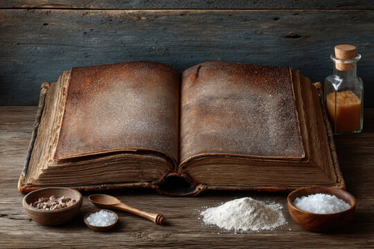 Open blank recipe book with flour dust on rustic wooden table with baking tools