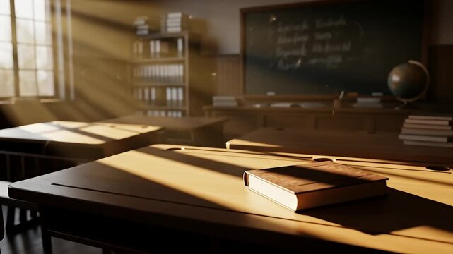 Sunlit classroom with old desks, book, globe, chalkboard, and bookcase in soft focus