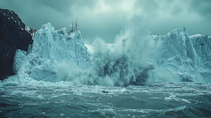 A colossal glacier calving into the icy sea, a massive chunk of ice breaking away, crashing into the frigid waters  