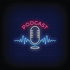 podcast neon sign with brick wall background vector