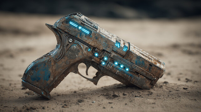 Worn futuristic pistol on sand