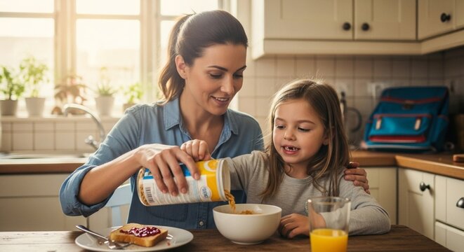 Mother helping young daughter with breakfast in kitchen before heading to work, authentic family morning routine, natural lighting, candid lifestyle moment, high quality stock photo. Generative AI