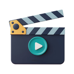 Play button on a 3D rendered movie clapperboard.  Filmmaking, video production, cinema.