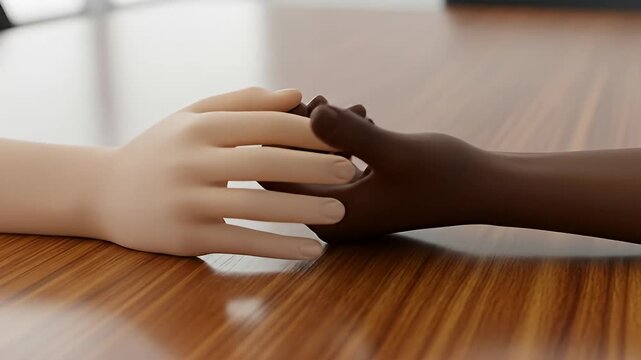 Interracial hands make pinky promise on a brown wood table, shallow depth of field