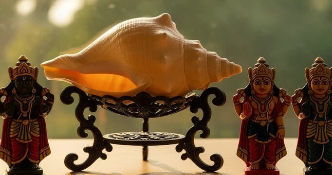 Conch Shell on Ornate Stand with Hindu Idols in Soft Warm Light a Scene of Spirituality and Cultural Richness with Natural Greenery Background