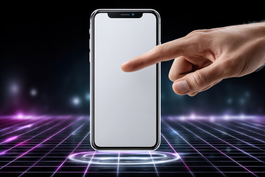 Male hand pointing at floating smartphone mockup in vibrant rgb-lit grid space - Powered by Adobe