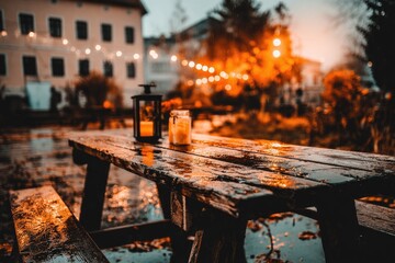 Rustic wooden picnic table outdoors, wet with rain, illuminated by warm light