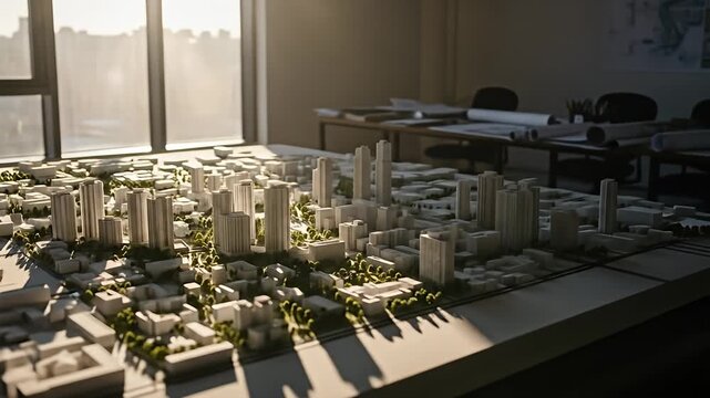 Architectural model sits illuminated by window light, depicting an urban environment